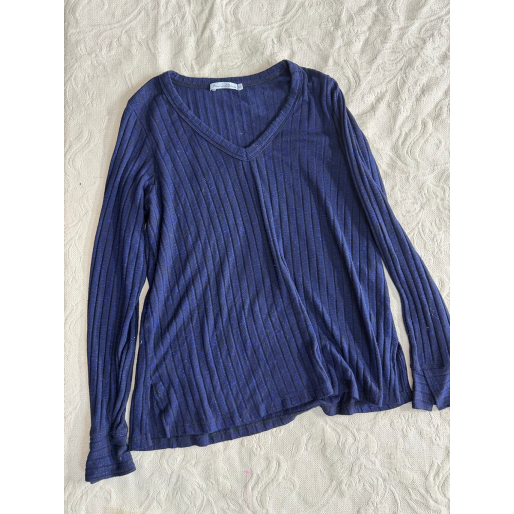 Women's Michael Stars Blue Black Ribbed V-Neck Long Sleeve sweater Tee OS